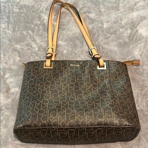 Calvin Klein Black and Tan Monogram Shoulder Bag
